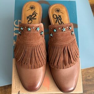 OTBT Brown Fringe Leather Mules. New in box. Never worn.